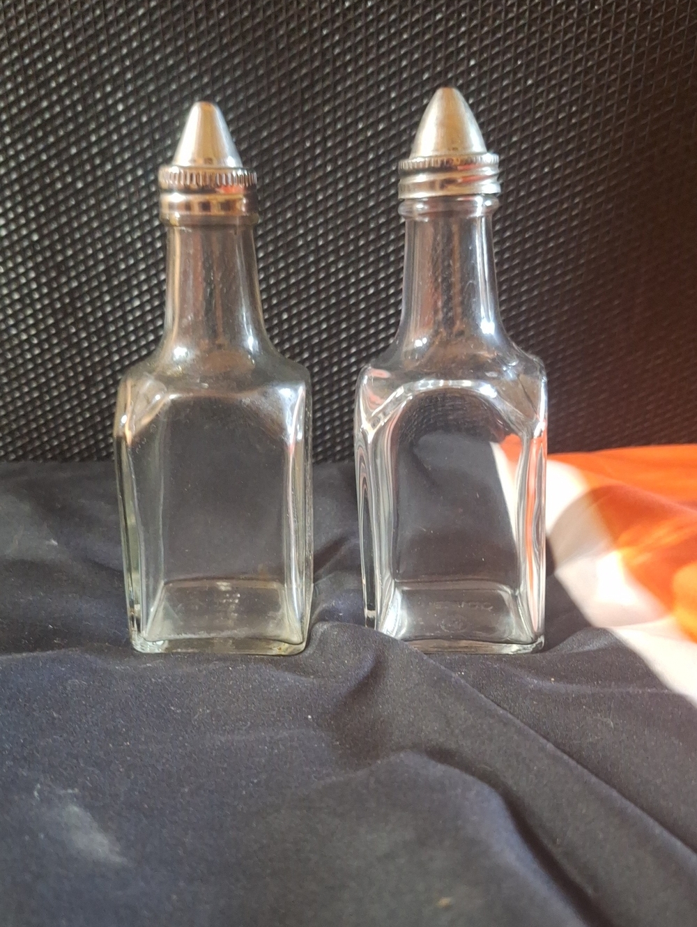 Vintage Clear Glass Vinegar and Oil Cruet 6oz with Silver Tops - Set of 2